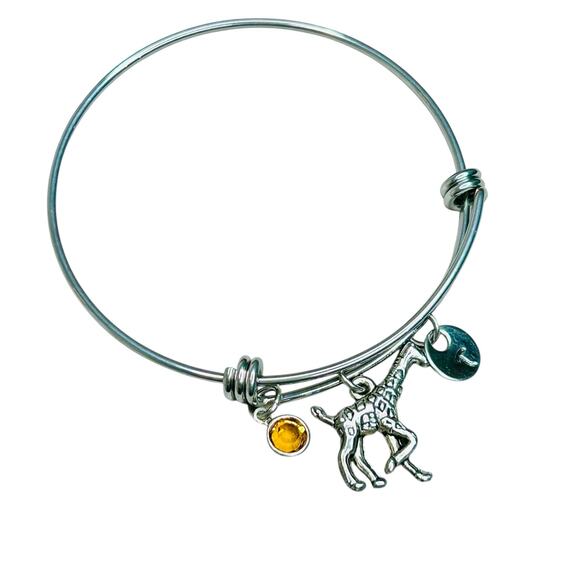 Giraffe Monogram Letter T Charms Silver Tone Adjustable Bangle - Picture 1 of 2